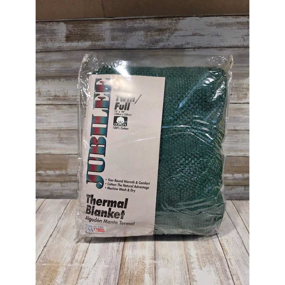 Jubilee Hunter Green Thermal Blanket 100% Cotton Twin Full 72x90 Made in USA NOS